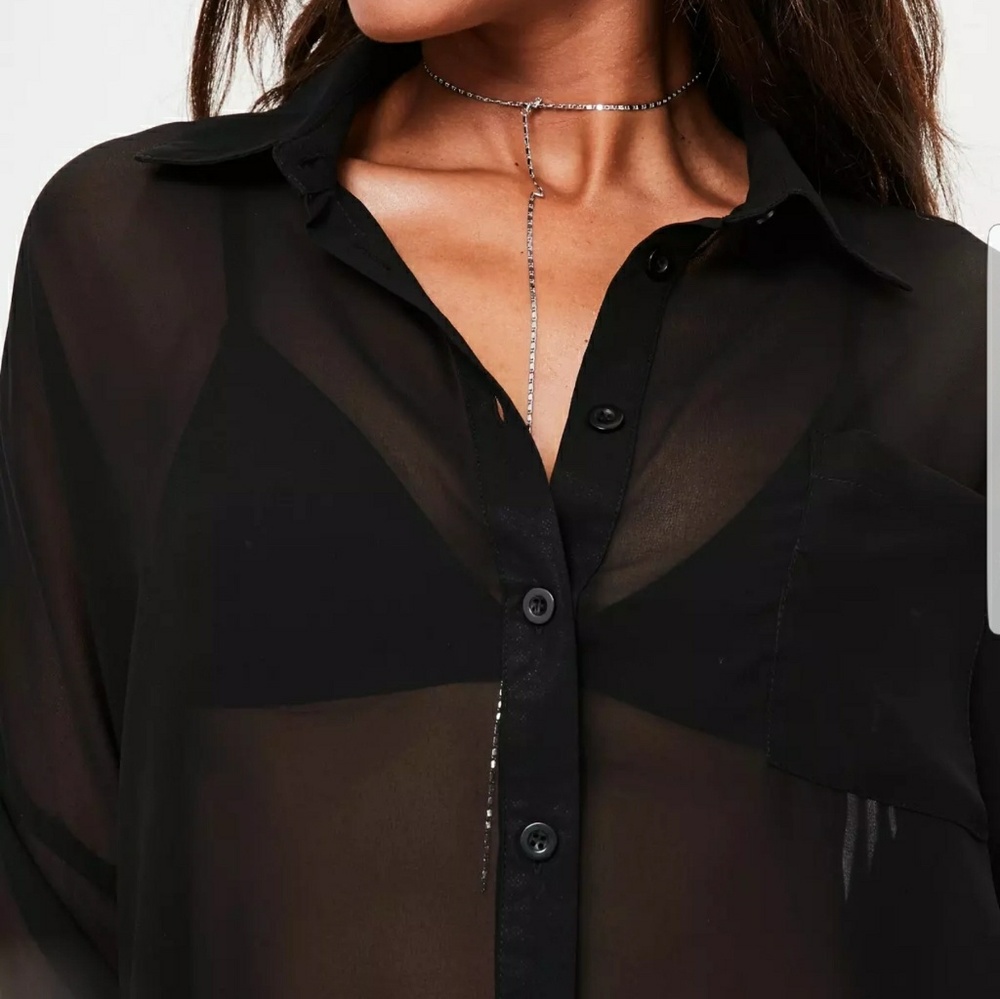 Black Sheer Chiffon Button Up Blouse - Picture 3 of 4
